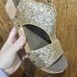 Corkys Gold Glitter Cork Wedge Sandals